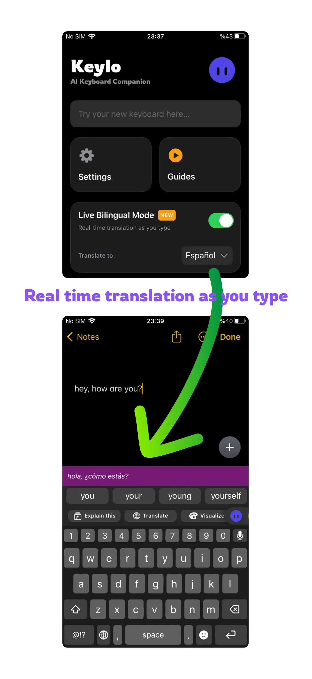 Keylo bilingual translation feature